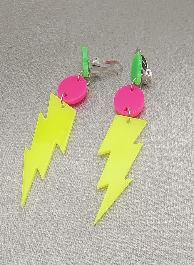 Modpide 80s Neon Clip on Earrings Non-Piercing for Women Colorful Lightning Acrylic Drop Earrings 80's Party Accessories (yellow) - Image 2